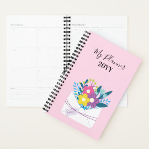 Agenda Planeador Espiral com Flores em fundo rosa