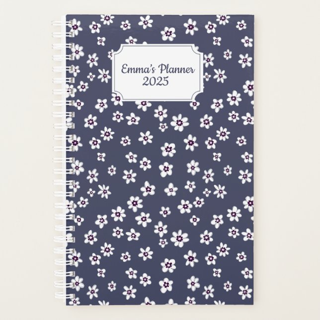 Agenda Planeador floral branco com fundo azul | personali (Frente)