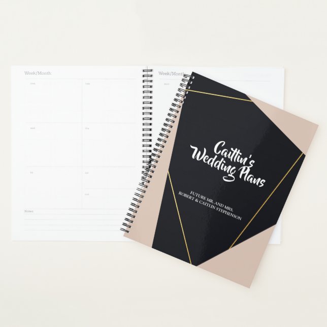 Agenda Planeador geométrico preto-rosa e dourado (Exibição)