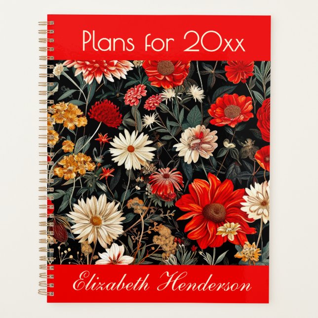 Agenda Planeador Grande Floral Vermelho e Escuro Creme (Frente)