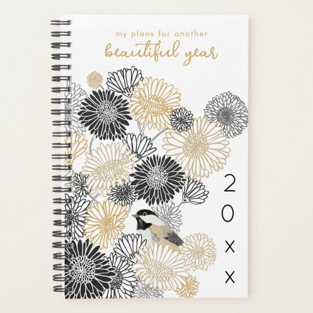 Agenda Planeador Mensal Elegante Floral e Chickadee 2025 (Frente)