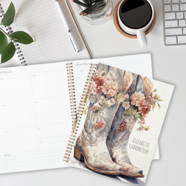 Agenda Planeador Personalizado de Boots da Cowgirl - Pres (Watercolor Blue Grey Cowgirl Boots and Wildflowers Personalized Planner)