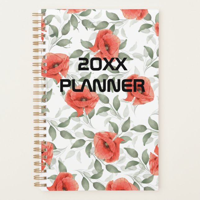 Agenda Planeador Semanal e Mensal de Flores Vermelhas Pop (Frente)