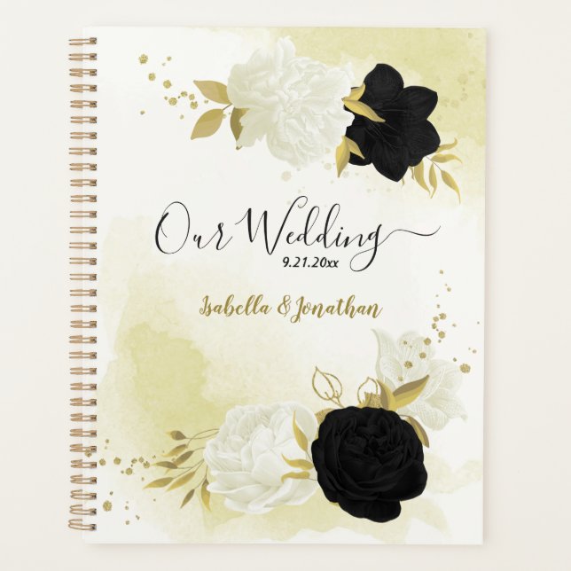 Agenda planificador de casamento de flores brancas pretas (Frente)