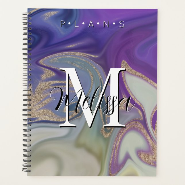 Agenda Planner da Abstrato de Monograma Dourado de Cinza  (Frente)