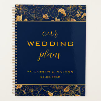 Agenda Planner de Casamento Azul do Marinho Floral Dourad