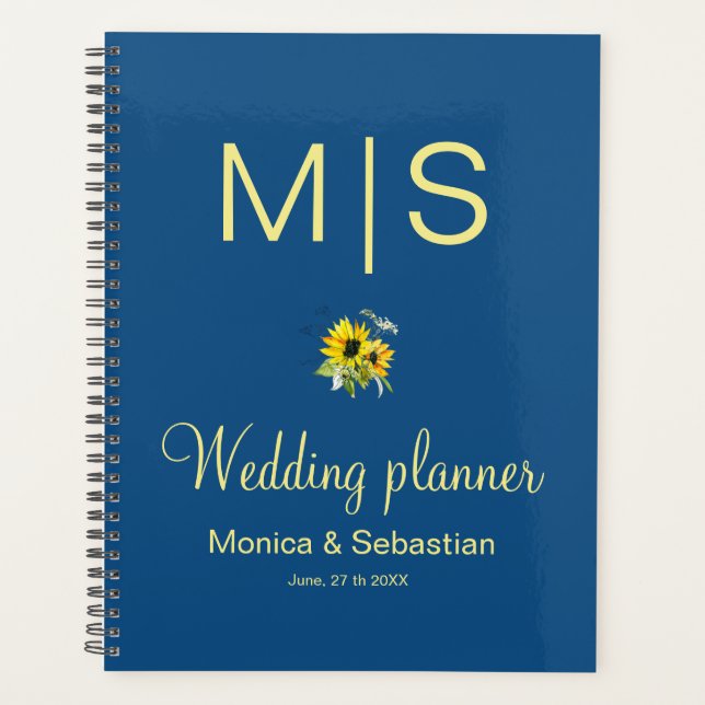 Agenda Planner de casamento Clássico Azul de Girassol (Frente)