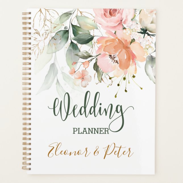 Agenda Planner de Casamento de Folhagem Floral, Verde (Frente)