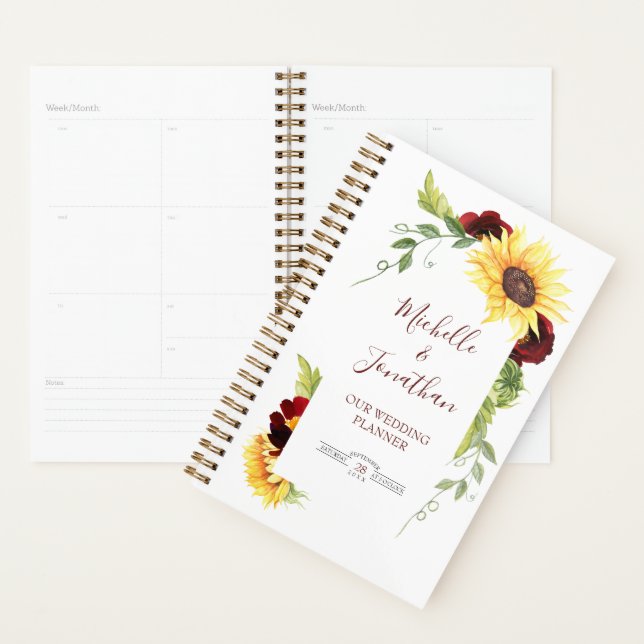 Agenda Planner de Casamento de Girassol com Rosa vermelha (Exibição)