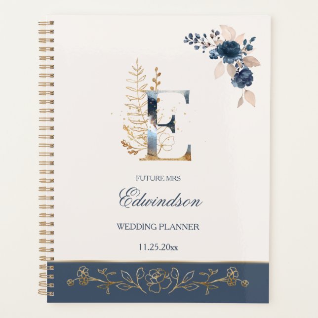 Agenda Planner de Casamento de rosas azuis e douradas mar (Frente)