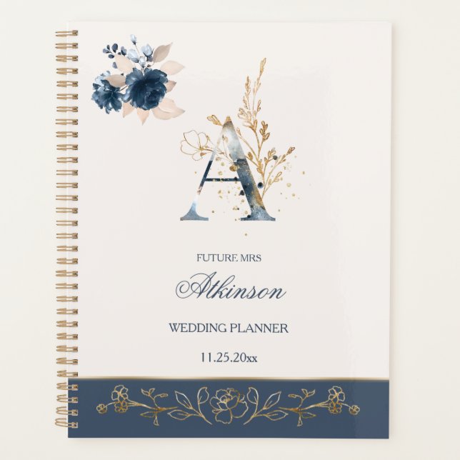 Agenda Planner de Casamento de rosas azuis e douradas mar (Frente)