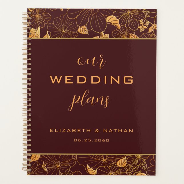 Agenda Planner de Casamento Floral Dourado de Luxo (Frente)