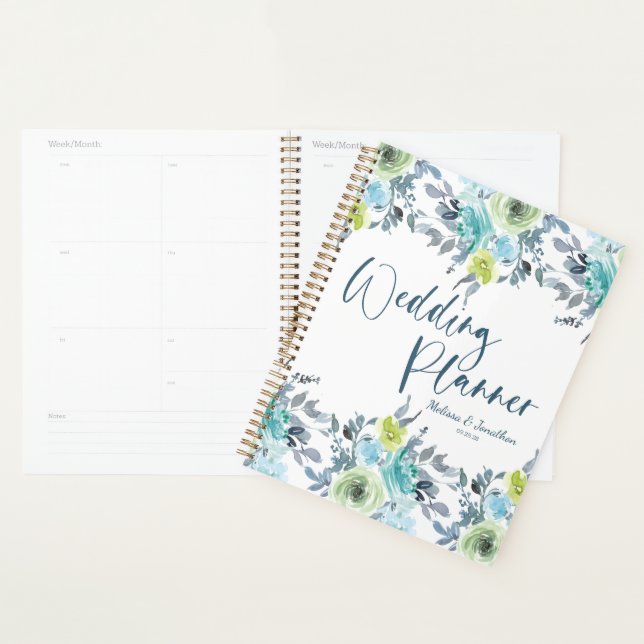 Agenda Planner de Casamento Floral Verde Amarelo-Claro (Exibição)