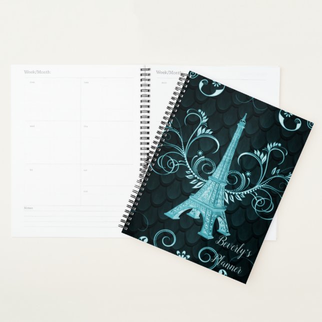 Agenda Planner de espirais de teal em torre Eiffel (Exibição)