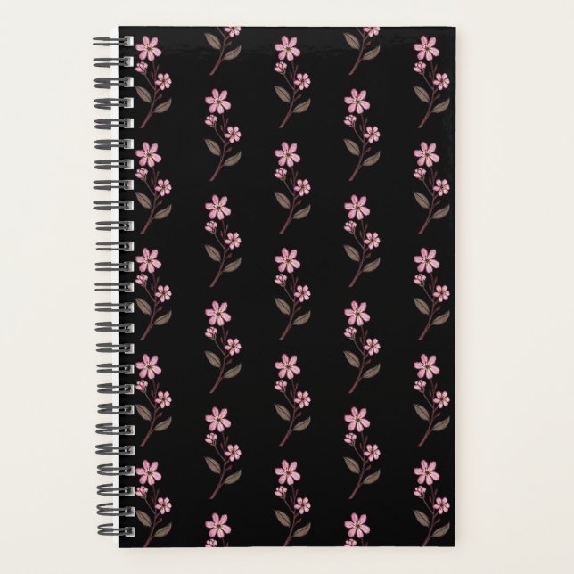 Agenda Planner de Flor de Cereja - Padrão Preto (Frente)