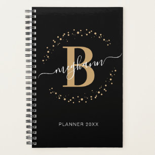 Agenda Planner de Monogramas, nome Dourado, preto e legan