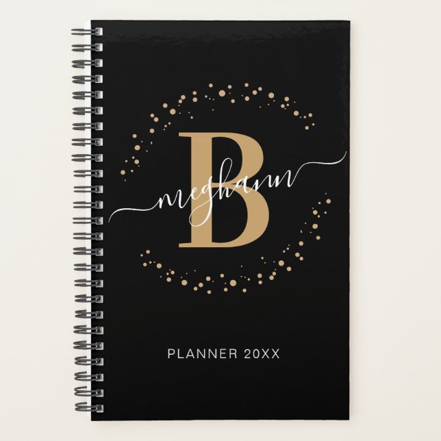 Agenda Planner de Monogramas, nome Dourado, preto e legan (Frente)