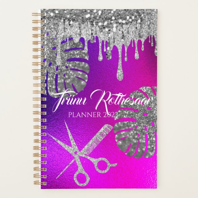 Agenda Planner de salão de cabelo com brilho roxo rosa (Frente)