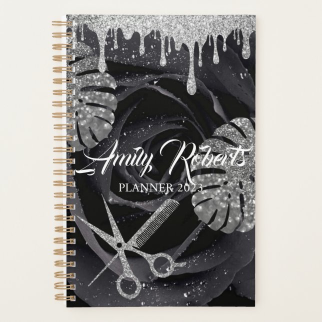 Agenda Planner de Salão de Rosa de Prata Negra Marble (Frente)