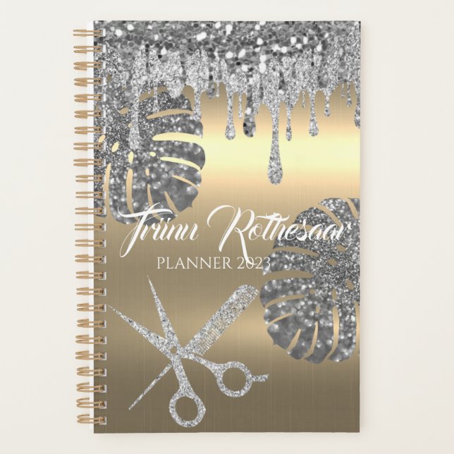 Agenda Planner de salões de cabelo com brilho Dourado pra (Frente)