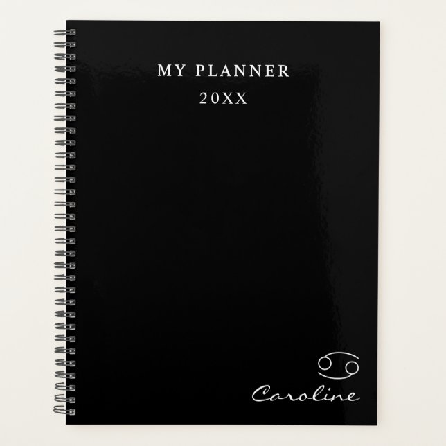 Agenda Planner de símbolos zodiac do Cancer preto e branc (Frente)