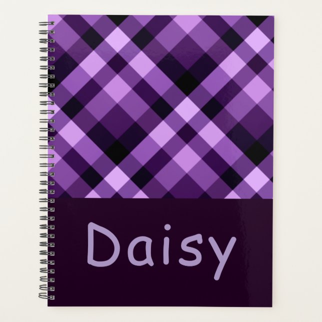 Agenda Planner do Dia do Monograma de Xadrez Roxo de Plum (Frente)