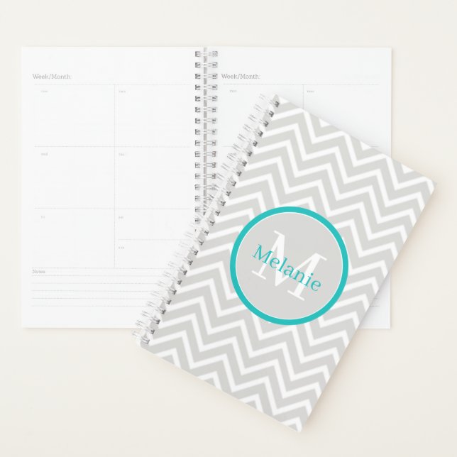 Agenda Planner do Monograma Chevron Teal (Exibição)