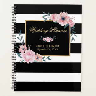 Agenda Planner Dourado de Casamento Floral a Rosa Preto e
