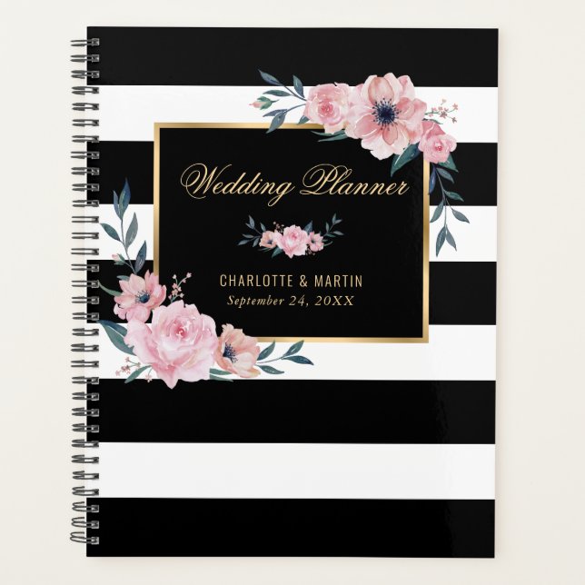 Agenda Planner Dourado de Casamento Floral a Rosa Preto e (Frente)
