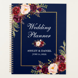 Agenda Planner Dourado de Casamento Floral Azul Burgundy