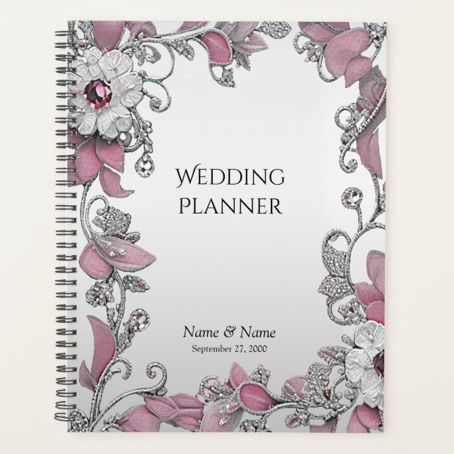 Agenda Planner Floral Branco Prateado Rosa (Frente)