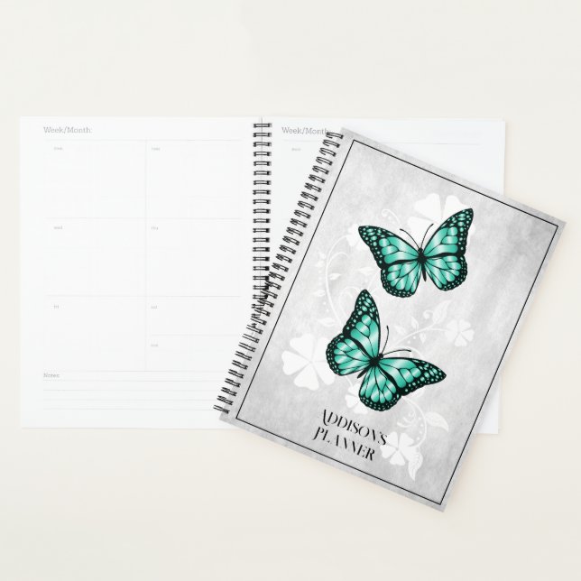 Agenda Planner Floral da Borboleta Teal (Exibição)
