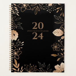 Agenda Planner Floral Dourado e Preto 2024