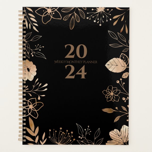 Agenda Planner Floral Dourado e Preto 2024 (Frente)