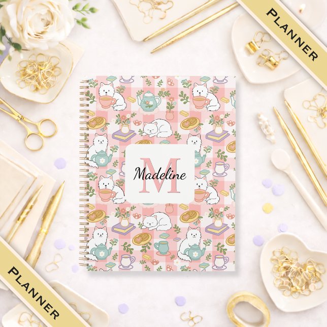 Agenda Planner Monogram Tea & Bookish Cats Pink (Criador carregado)