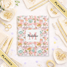 Agenda Planner Monograma Chá & Gatos Literários Rosa