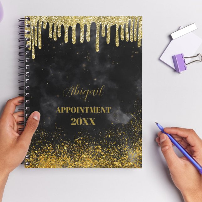 Agenda Planner Preto Dourado de Lâmpadas de Dissipação de (Black Gold Glitter Drips Blush Name 2025 Planner)