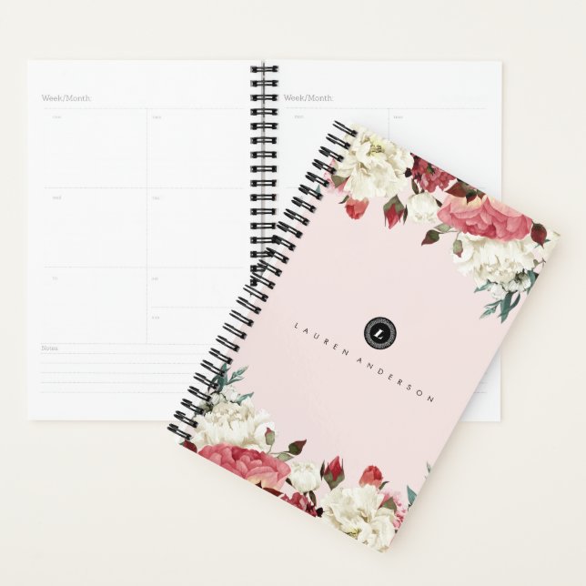 Agenda Planner Vintage Rosa Monograma Blooms (Exibição)