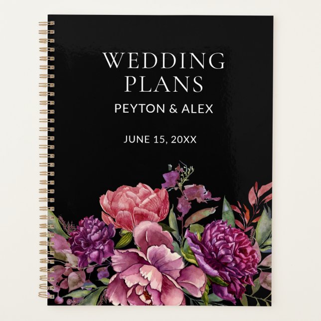 Agenda Planos de Casamento Botânico Preto-Floral Púrpura- (Frente)