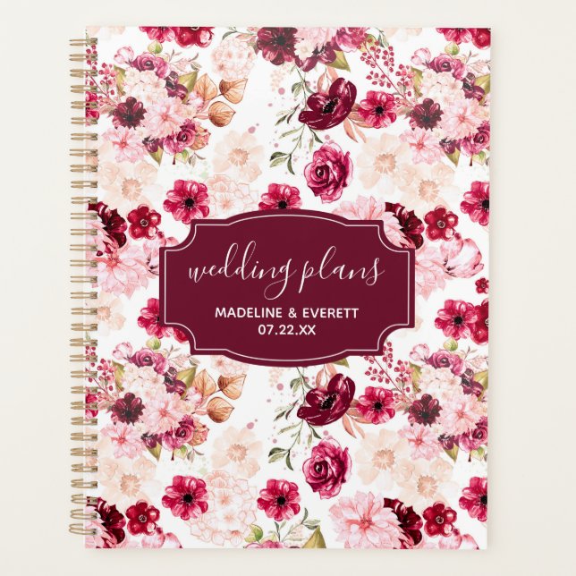 Agenda Planos De Casamento Floral De Burgundy E Chic Rosa (Frente)