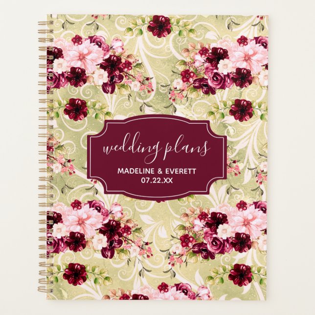 Agenda Planos de Casamento Floral Rosa e Verde Brilhante (Frente)