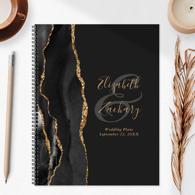 Agenda Planos de Casamento Preto-Escuro Dourado do Script (Criador carregado)
