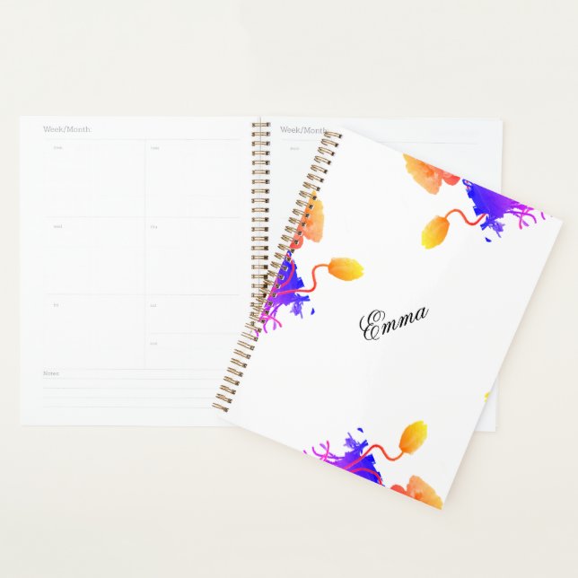 Agenda Poppy Flowers Watercolor Nome Personalizado Floral (Exibição)