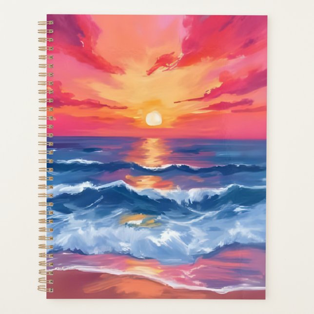 Agenda Pôr do Sol na Costa Fuchsia | Aquarela de Ondas do (Frente)