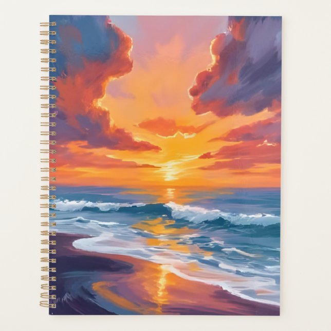 Agenda Pôr do Sol na Praia Aquarela Pintura do Oceano (Frente)