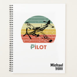 Agenda Pôr do Sol Vintage Retro & Avião, Monograma Simple