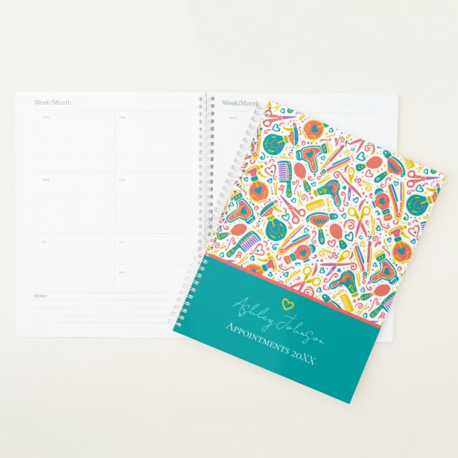 Agenda Portuguese folk hair — teal with coral & mustard (Exibição)