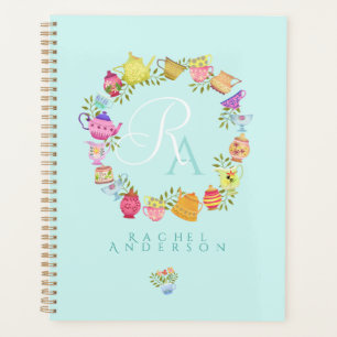 Agenda Potes de chá e copos Monograma Pastel Azul