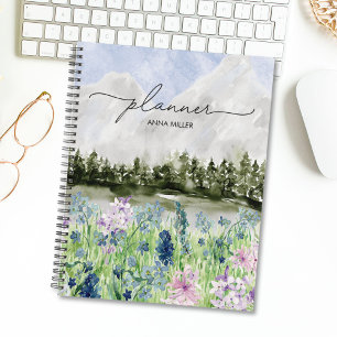Agenda Prado de Flores Roxas Azuis Aquarela na Montanha