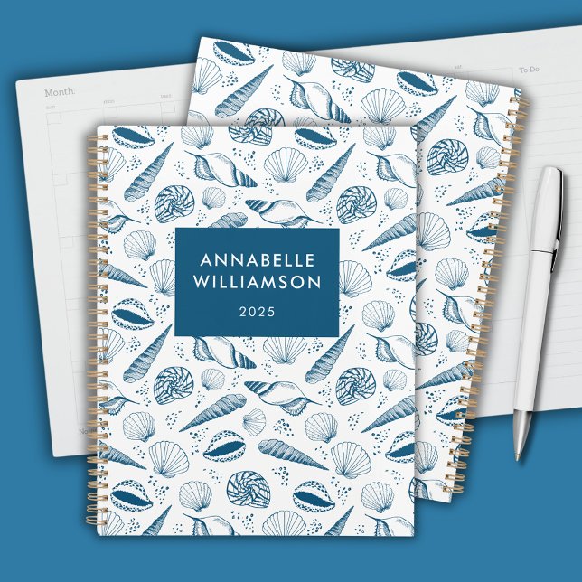 Agenda Praia azul concha e branca (Seashell blue and white personalized planner)
